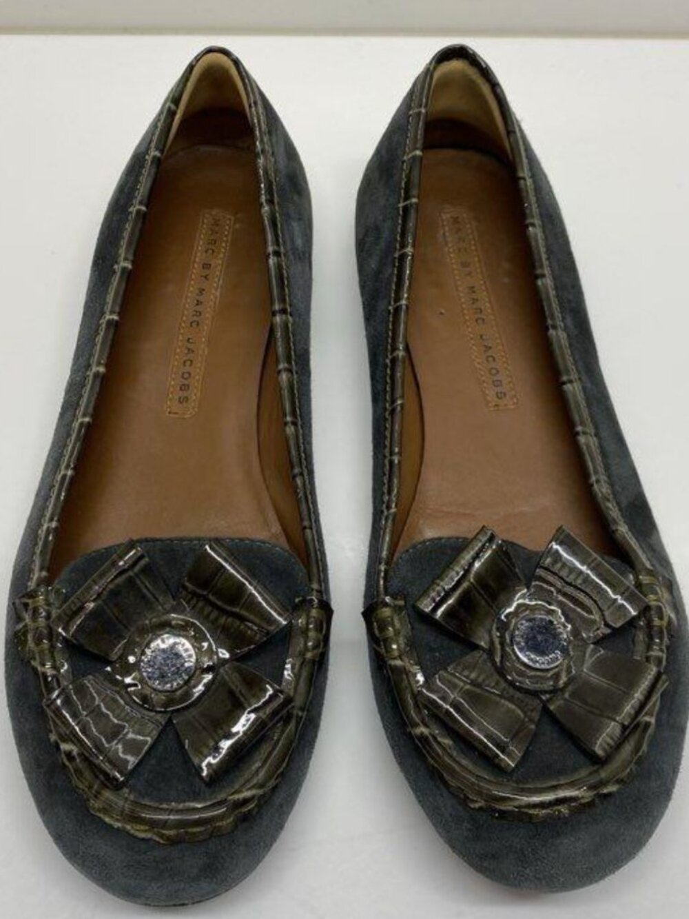 Marc by Marc Jacobs Gray Green Embellished Suede Leather Bow Flats Size 38